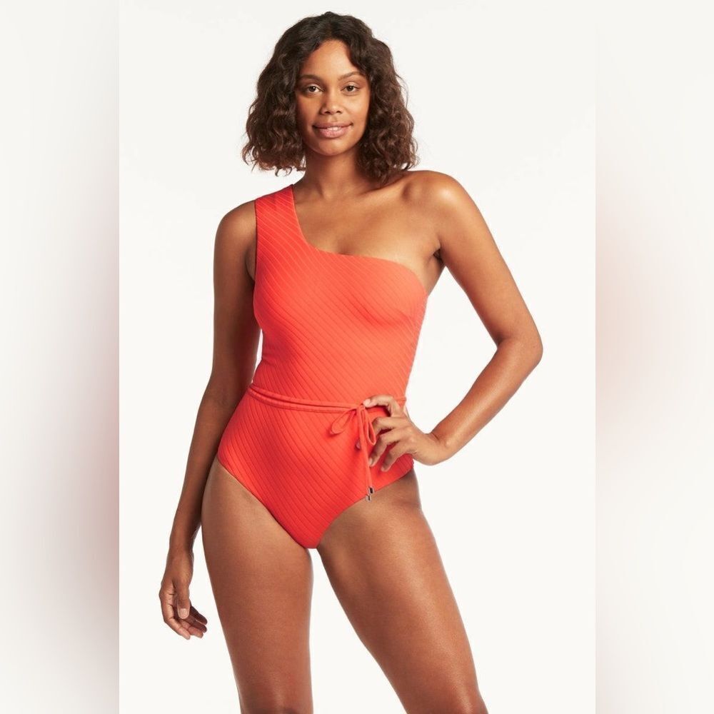 Sea Level Australia One Shoulder Vesper Wide Strap Diagonal One Piece Tangerine